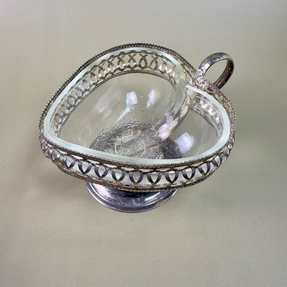 Vintage English Silverplate & Glass Heart Basket | Footed Handle Dish | England - Picture 1 of 16